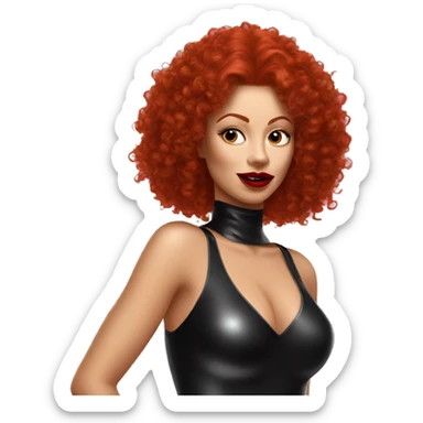 woman in redheads curly hairs wear latex catsuit and hold red lipstick sticker