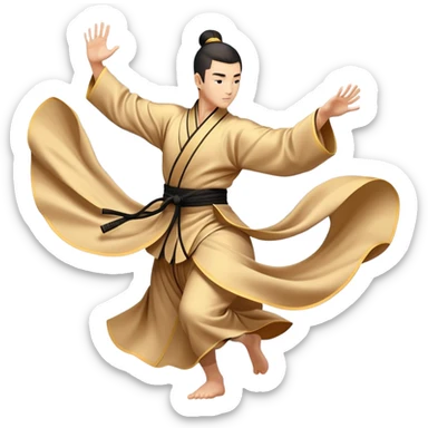 Emblem symbolizing Wushu martial arts. A graceful martial artist performs a dynamic kung fu pose, with flowing movements and a long, elegant robe. The background features stylized clouds and traditional Chinese symbols, representing fluidity, balance, and precision. Transparent background. sticker