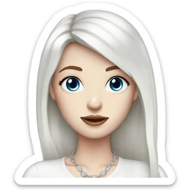 woman with pale skin, blue eyes and long dark red hair with layers and fringe bangs, wearing a white top and silver jewellery sticker