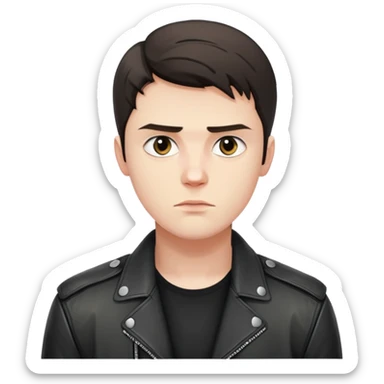 Danila Bagrov from Brother 2 movie, young Russian man with short dark hair, serious expression, wearing black leather jacket sticker