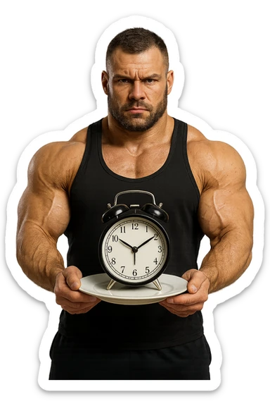 bodybuilder che ha un piatto in mano con un orologio che simboleggia il digiuno intermittente, iperrealistico 4k sticker