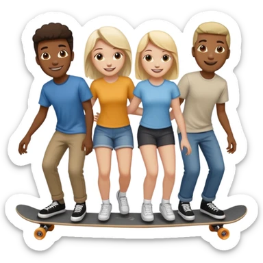 Four people (two black guys, one white guy, one white girl) on one long skateboard sticker
