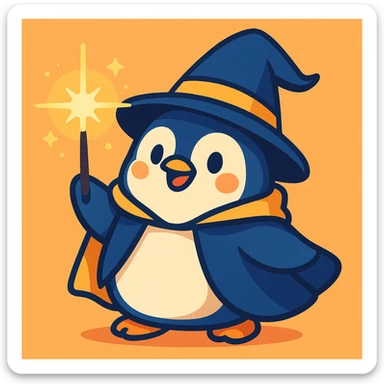 a chubby penguin with a wizard hat and cloak, holding a glowing wand, in a soft, rounded illustration style sticker