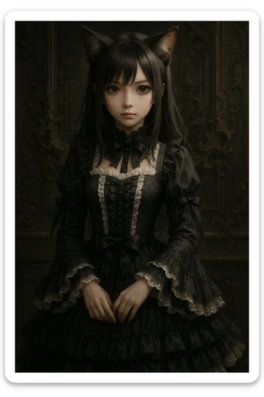 realistic anime catgirl in a gothic lolita dress, ornate background, mysterious vibe sticker