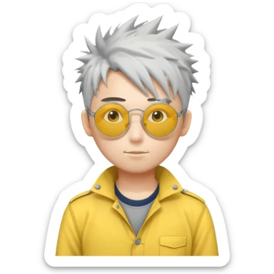 A japanese guy with white messy spiky hair circle sunglasses wearing a uniform gray and a yellow button on the top right of the uniform gray pants sticker
