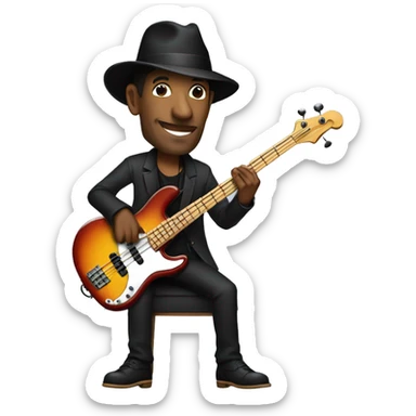 Marcus Miller playing bass guitar, with porkpie hat sticker