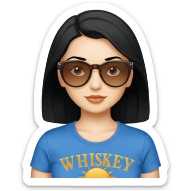 My Sexy wife with sunglasses, black hair, and awesomeness. She has some gray, she's super cute, and her sunglasses are on her head like she doesn't want to wear them. She has brown eyes and is just lovely. Her hair is longer, amd she is wearing a blur t-shirt that says "whiskey & sunshine". sticker