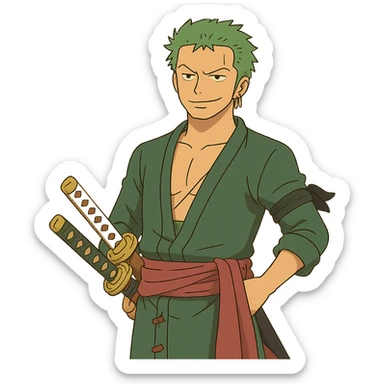 Zoro from One Piece, anime style, green hair, three swords, confident expression sticker
