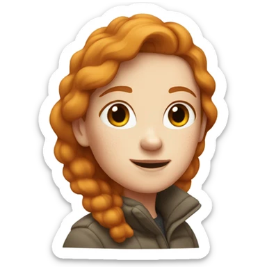 A white girl who is ginger with freckles and has a puffy coat sticker