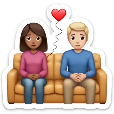 A couple sits on opposite sides of a couch, looking disconnected. Between them, a faint, invisible thread connects their hearts—but it’s fraying. One of them hesitates, reaching out, unsure whether to fix it or let it snap sticker
