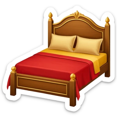 bed with red and gold sheets, wooden sticker