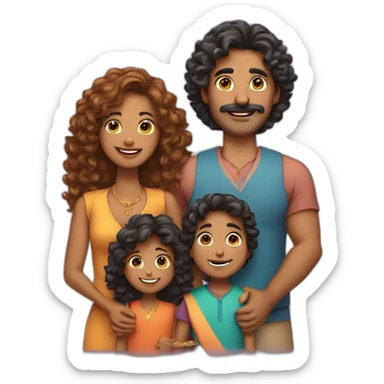 indian family with one dad and one son straight hair and one mom and one daughter curly hair sticker