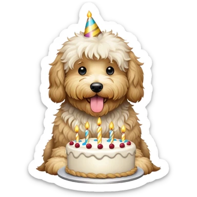 Shaggy large White Goldendoodle eating birthday cake  sticker