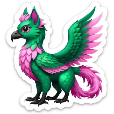 Emerald-green gryphon-Trico-fusion-hybrid with a long tufted tail, black beak, pink swirly pattern markings, black claws, black tail, majestic, realistic, furry (full body) sticker