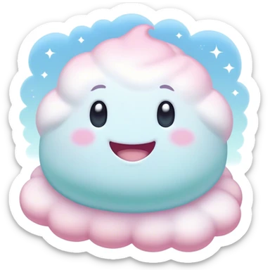 Cinematic fluffy pastel marshmallow character, soft round edges, tiny sparkly eyes, a small happy smile, glowing warmly, floating in a dreamy soft sky. sticker