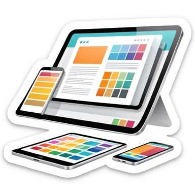 Modern icon for Web Design: a computer and smartphone or tablet screen displaying a website layout, HTML code, and design tools like a stilus and color palette. Transparent background. sticker