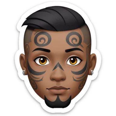 nam 30 tuổi, da đen, tóc undercut ngắn đen, có hình xăm trên mặt sticker