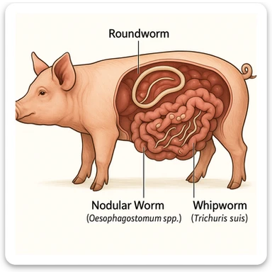 educational illustration anatomical diagram of a pig with intestine full of parasites names of main worms indicated white background 4K quality sticker
