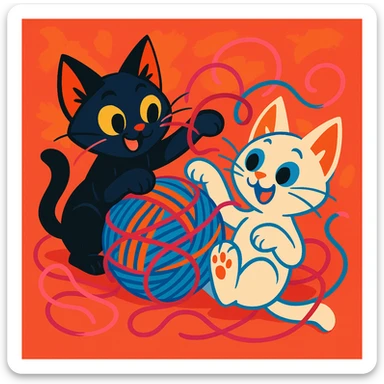 two mischievous kittens tangled in a ball of yarn, one black and one white, lively and colorful style sticker