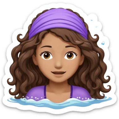 Sticker 3D joven de piel morena clara, ojos marrón oscuro y pestañas largas. Cabello castaño ondulado extralargo hasta la mitad de los glúteos. Viste DE lavanda. con abundante espuma  sobre su cabeza y manos en el pelo, ojos cerrados, expresión feliz. Render con destellos de agua. sticker