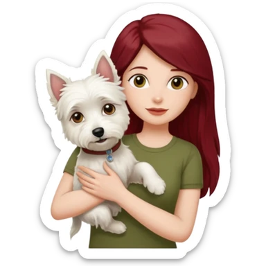 Westie white terrier dog being held by woman with dark red long hair and hazel eye wearing olive green top sticker