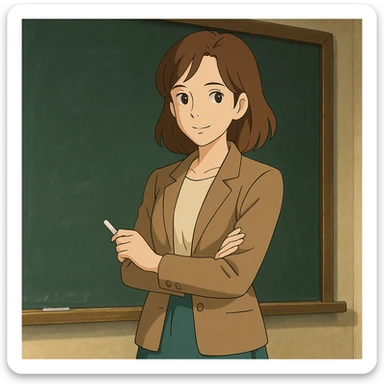 woman English teacher with brown hair, standing by a chalkboard, in ghibli style sticker