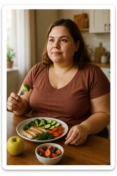 Donna con Lipedema che fa la dieta per migliorare anche a causa della sua PCOS, immagine realistica sticker