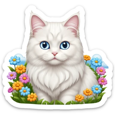 White persian male cat turkish angore with skky blue eyes standing in feed of flowers sticker