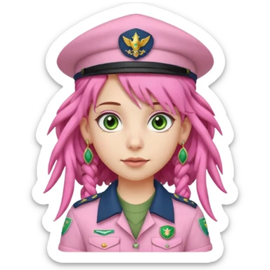 very pretty girl big green eyes, scout girl with pretty pink uniform, pink dreadlocks, and big earrings and scouts hat sticker