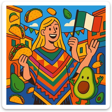 cartoon of a tall blonde woman smiling wearing a colorful poncho holding a taco and an avocado waving a Mexico flag surrounded by tacos and avocados on a lively street background with bright and bold colors sticker