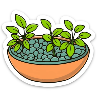 Shallow ceramic dish garden with Plectranthus Verticillatus sprouts featuring circular penny-shaped leaves arranged with decorative stones sticker