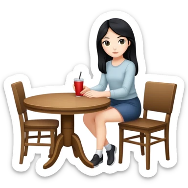 White girl full body sitting at table with black hair sticker