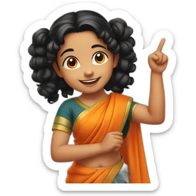 smiling and pointing 3 years old indian girl with black curly hair in pigtails wearing a orange saree sticker