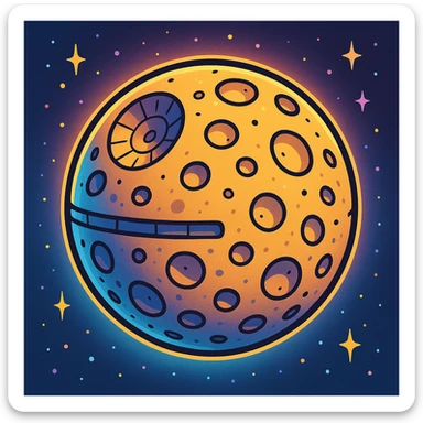 cartoonish Star Wars moon with craters and a faint Death Star trench, glowing softly, vibrant and playful sticker
