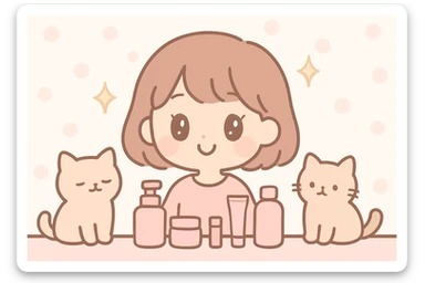 soft girl with short brown hair, surrounded by skincare products, sparkles, and two adorable light brown ragdoll cats, pink pastel aesthetic sticker