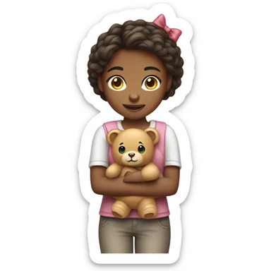Girl holding a teddy bear with a bow sticker
