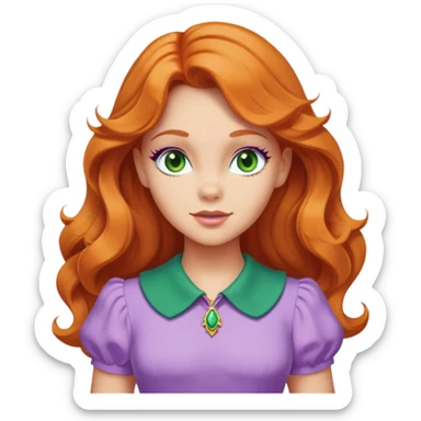 daphne blake long orange wavy hair, green eyes and cute lilac dress with green collar from scooby doo  sticker