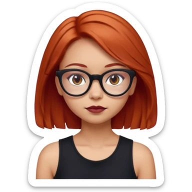 iPhone emoji of a girl with light red hair, shoulder-length hair, a small mole above her eyebrows, wearing a black sleeveless top, and subtle dark maroon cat-eye glasses. sticker