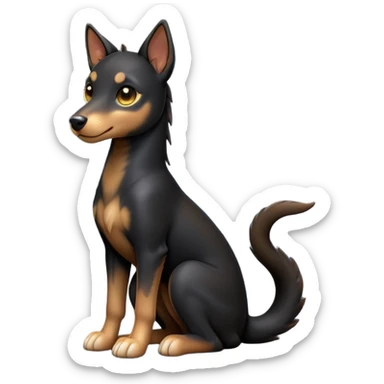 cinematic-[kelpie]-realistic-full-body-sitting-emoji,-tail-resting-loosely-beside-its-paws,-head-tilted-dramatically, -sleek-[Black and tan]-fur,-simplified-yet-realistic-focused-features,-highly-detailed,-glowing-with-an-almost-sarcastic-glow sticker
