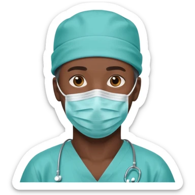 A dark-skinned man with brown eyes, wearing a teal surgical cap and face mask. sticker