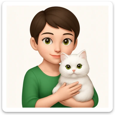 Brunette woman snuggling white Persian cat, emoji style, wearing a green dress, with a pixie cut sticker