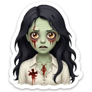 garota zumbi com cabelo preto ondulado longo blusa branca sem botões, lisa a blusa sticker