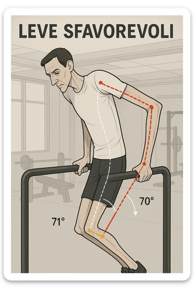 a tall, lean man with very long arms and a short torso attempts a dip on parallel bars. His elbows are deeply bent and his body appears awkwardly positioned, highlighting the mechanical disadvantage. An overlay shows anatomical lines and angles, with labels explaining “Leve Sfavorevoli” The background is a modern gym, with a focus on biomechanics. in italiano sticker