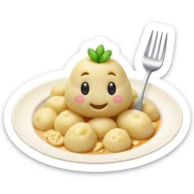 Gnocchi Cinematic Realistic Gnocchi Dish Emoji, depicted as tender potato dumplings garnished with iconic fork marks on top, rendered with soft textures and warm, inviting lighting. sticker