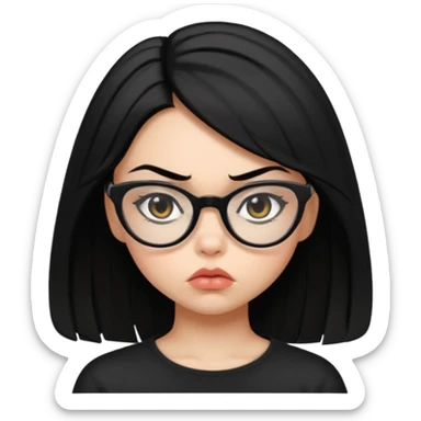 black midium length hair girl, with cateye black glasses. mad face, pouting sticker