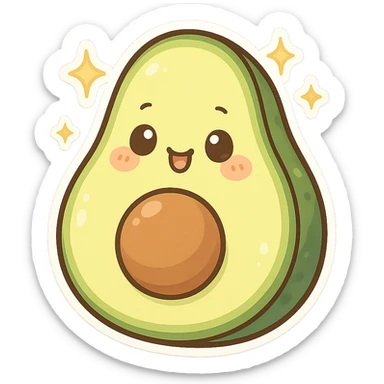 chibi sticker-style avocado with sparkles, cute and exaggerated sticker