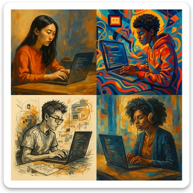 people coding on laptops, various art styles, diverse group, creative and dynamic scenes sticker
