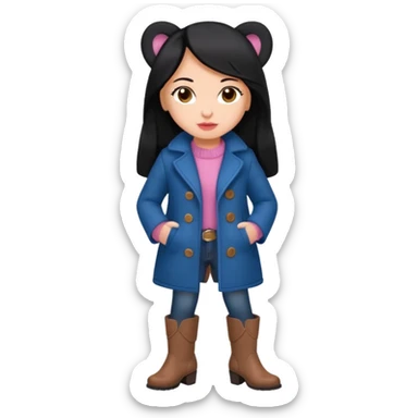 Gordita, ojos pequeños de color cafe oscuro, labios pequeños y rosados, piel trigueña, orejas pequeñas, cabello largo lazio y negro, pequeña. cuerpo completo. vestida con saco de lana jean color azul y botas color café. No le pongas orejas sticker