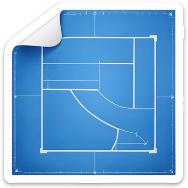 side view of a blue blueprint plan with white lines and a curled corner sticker