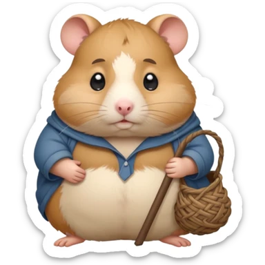 Fat cartoon-style hamster hobo carrying a bindle over its shoulder with a sad expression. sticker